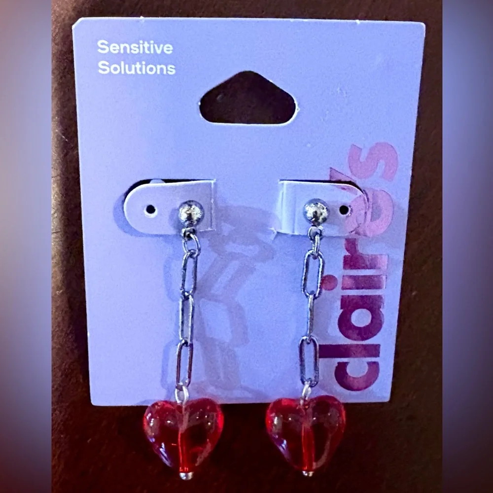 NWT, Red Heart Stud Dangle Earrings on Silver Chain